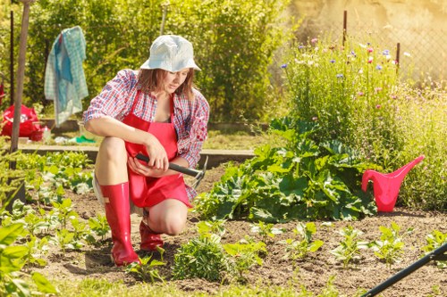 A woman wearing a sun hat, red apron, and red rubber boots is kneeling in a lush garden, tending to young green plants in well-maintained soil beds. The garden features a mixture of leafy vegetables and flowering plants, with a wooden border separating different sections. In the background, there are taller flowering plants and trees providing shade, with a clear, sunny sky illuminating the scene. To the right, a red watering can sits on the ground. Behind her, a clothesline with hanging laundry is visible, along with garden tools and a garden hose on the ground. The environment appears to be a quiet residential outdoor space, suggesting attentive outdoor gardening and lawn care maintained by professional landscapers in Edmonton, supporting healthful planting and sustainable garden management.