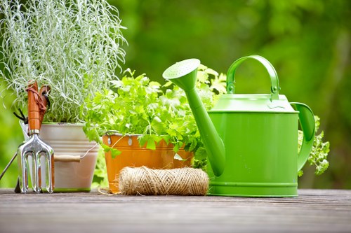 A neatly arranged garden scene with a weathered wooden surface in the foreground, featuring various gardening tools and supplies. On the left, a metal hand fork with a wooden handle rests next to a white ceramic pot filled with tall, silvery-grey foliage, possibly lavender or sage. Beside it, a smaller terracotta pot contains lush, bright green leafy plants, indicating healthy growth. In front of these containers, a coiled natural jute twine is laid on the table, ready for gardening tasks. To the right, a vibrant green plastic watering can with a curved handle and long spout occupies the scene, suggesting active garden care. The background reveals a blurred, verdant outdoor environment with trees and foliage, implying a sunny, well-maintained garden suitable for lawn and planting services. The overall atmosphere highlights the tools and elements used in professional gardening and landscaping maintenance in the Edmonton area, with natural tones and textures contributing to the peaceful, productive outdoor space.