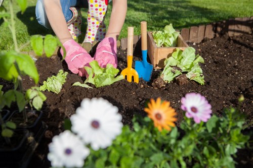 The image depicts a person wearing pink gardening gloves tending to a vegetable garden in an outdoor space, with a focus on planting or weeding among leafy green plants, possibly lettuce or similar greens, with a small wooden fence or border visible in the background. Surrounding the planting area, there are vibrant flowering plants with white, purple, and orange petals, adding colour to the garden setting. The soil appears dark and well-tilled, and the garden is situated on a lush, green lawn under bright sunlight, suggesting clear weather. The garden layout includes an area dedicated to vegetable cultivation, organized with small gardening tools such as a blue trowel and a yellow garden fork positioned upright in the soil. The scene illustrates a well-maintained, landscaped outdoor space that could be part of a residential garden in Edmonton, with attention to detail suitable for professional gardening and landscaping services provided by Landscapers Edmonton.