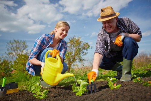 A young woman and an older man are working together in a well-maintained garden, planting young green seedlings in rich, dark soil. The woman, wearing a blue plaid shirt and orange gloves, is holding a yellow watering can and watering the plants. The man, dressed in a checkered shirt, straw hat, and green rubber boots, is using a small gardening tool to tend the soil around the seedlings. They are positioned in the front garden of a landscaped outdoor space with a clear blue sky and some scattered clouds overhead. In the background, there are lush green bushes, mature trees, and a slightly sloped grassy area. The garden bed has neat, defined borders, and the scene is lit by natural sunlight, indicating a warm, sunny day suitable for outdoor gardening. This scene reflects the outdoor maintenance services provided by Landscapers Edmonton, focusing on planting and garden care in Edmonton's gardening and landscaping context.